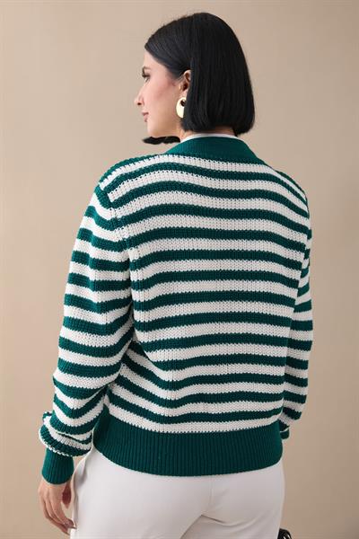 Kalpli Şeritli Zümrüt Yeşili Triko Hırka