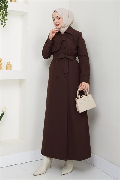 Kapak Detay Uzun Astarlı Acı Kahve Trençkot