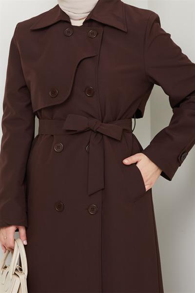Kapak Detay Uzun Astarlı Acı Kahve Trençkot