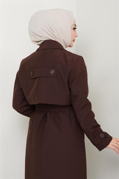 Kapak Detay Uzun Astarlı Acı Kahve Trençkot