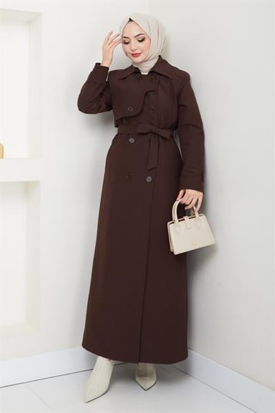 Kapak Detay Uzun Astarlı Acı Kahve Trençkot