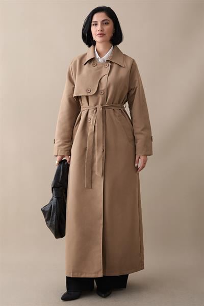 Kapak Detay Uzun Astarlı Bej Trençkot