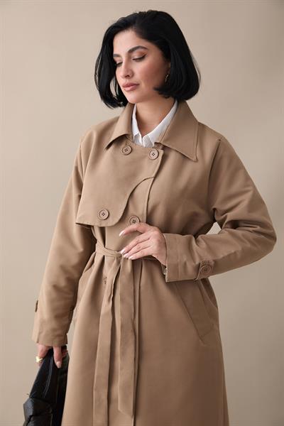 Kapak Detay Uzun Astarlı Bej Trençkot
