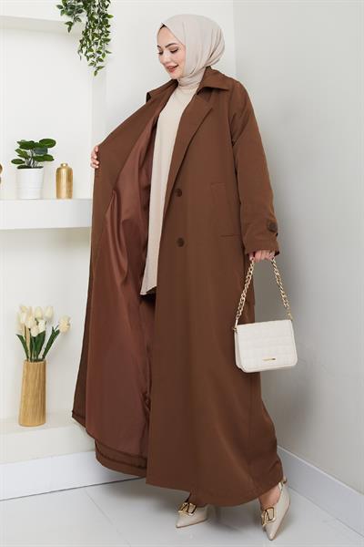 Kapak Detay Uzun Astarlı Kahverengi Trençkot