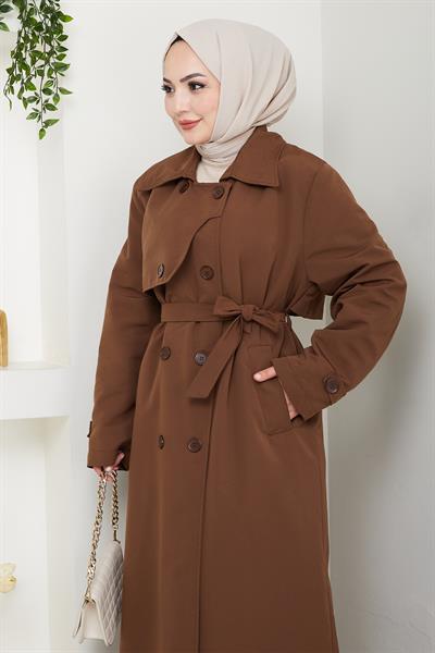 Kapak Detay Uzun Astarlı Kahverengi Trençkot