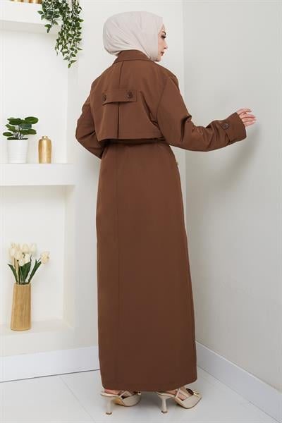 Kapak Detay Uzun Astarlı Kahverengi Trençkot