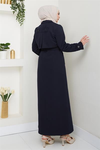 Kapak Detay Uzun Astarlı Lacivert Trençkot