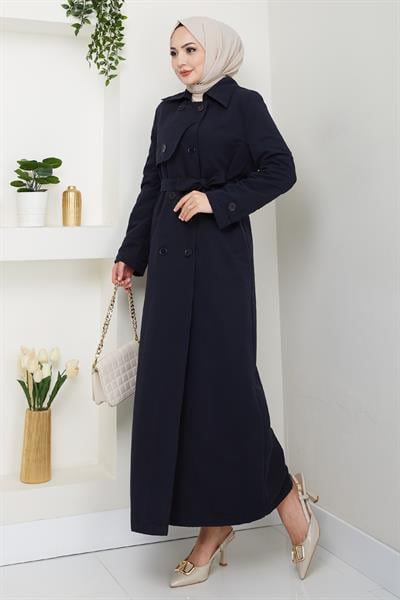 Kapak Detay Uzun Astarlı Lacivert Trençkot