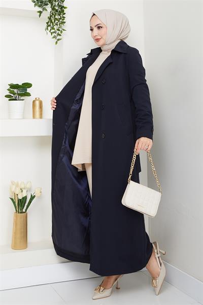 Kapak Detay Uzun Astarlı Lacivert Trençkot