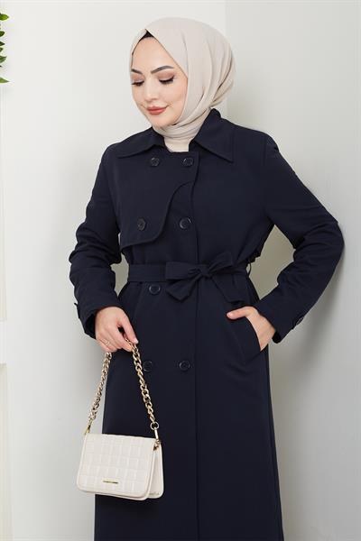 Kapak Detay Uzun Astarlı Lacivert Trençkot