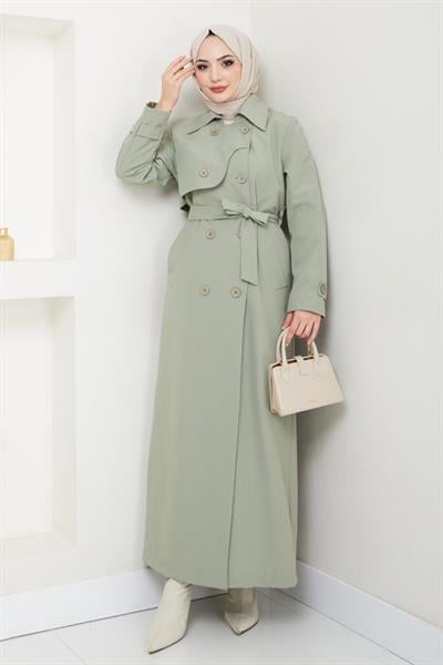 Kapak Detay Uzun Astarlı Mint Yeşili Trençkot