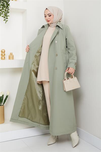 Kapak Detay Uzun Astarlı Mint Yeşili Trençkot