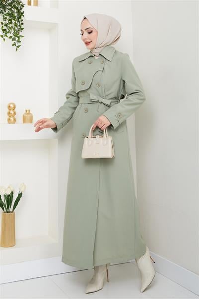 Kapak Detay Uzun Astarlı Mint Yeşili Trençkot