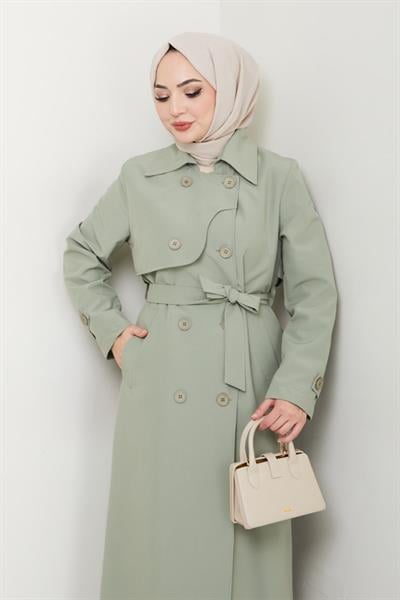 Kapak Detay Uzun Astarlı Mint Yeşili Trençkot