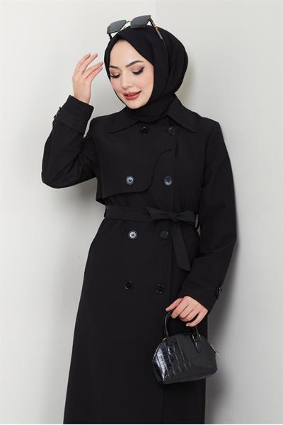 Kapak Detay Uzun Astarlı Siyah Trençkot