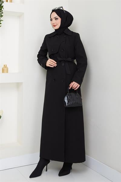 Kapak Detay Uzun Astarlı Siyah Trençkot