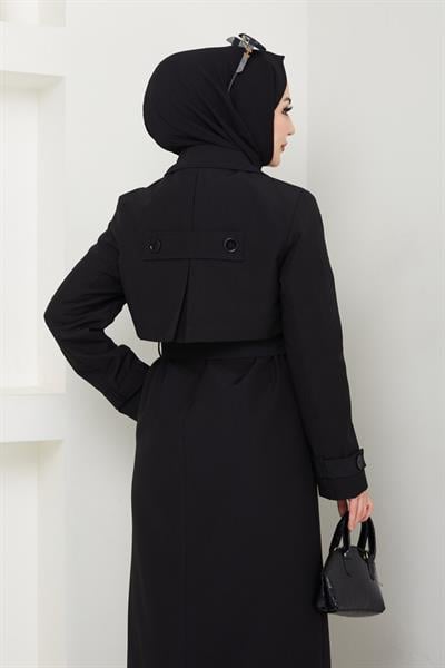 Kapak Detay Uzun Astarlı Siyah Trençkot