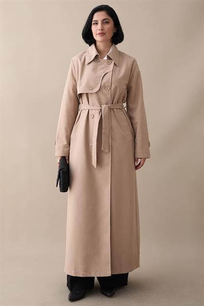 Kapak Detay Uzun Astarlı Sütlü Kahve Trençkot