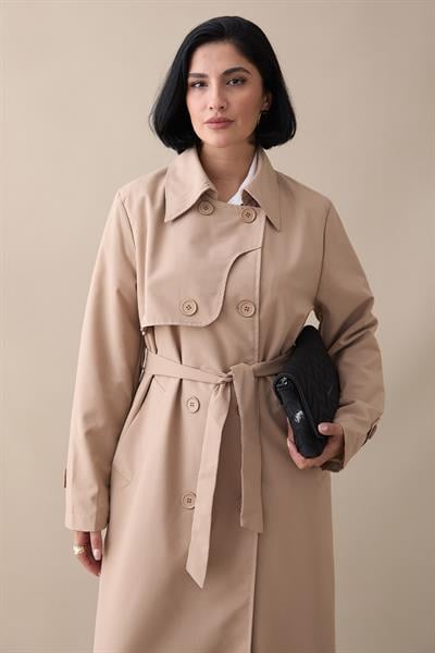 Kapak Detay Uzun Astarlı Sütlü Kahve Trençkot
