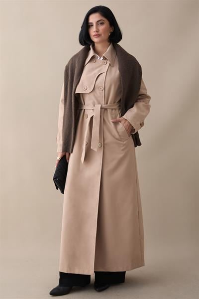 Kapak Detay Uzun Astarlı Sütlü Kahve Trençkot