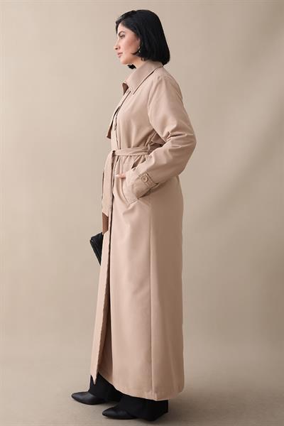 Kapak Detay Uzun Astarlı Sütlü Kahve Trençkot