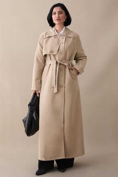 Kapak Detay Uzun Astarlı Taş Trençkot