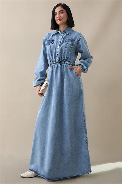 Kapak Detaylı Beli Lastikli Mavi Kot Elbise