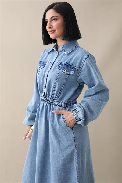 Kapak Detaylı Beli Lastikli Mavi Kot Elbise