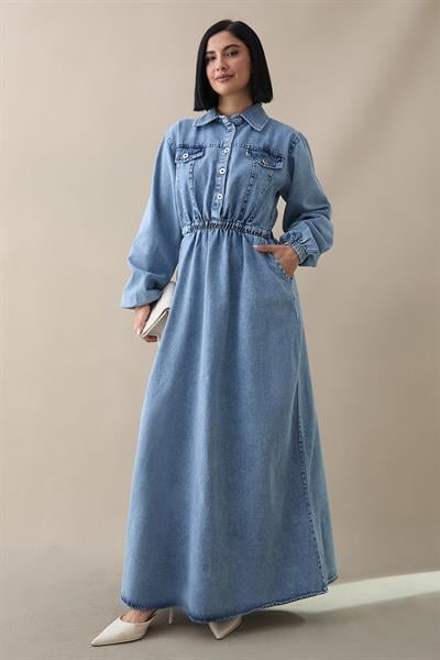 Kapak Detaylı Beli Lastikli Mavi Kot Elbise