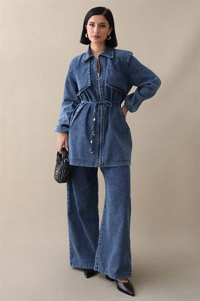 Kapaklı Kuşaklı Mavi Kot Takım