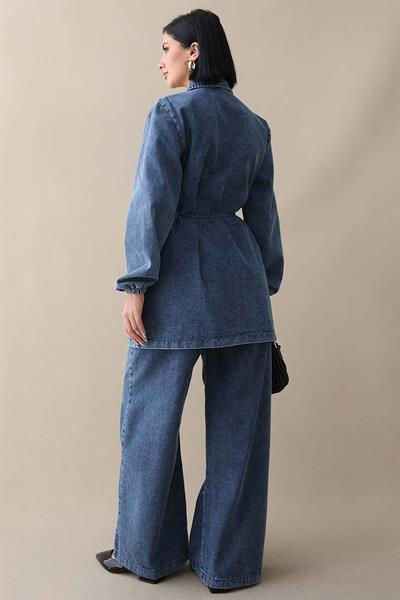Kapaklı Kuşaklı Mavi Kot Takım