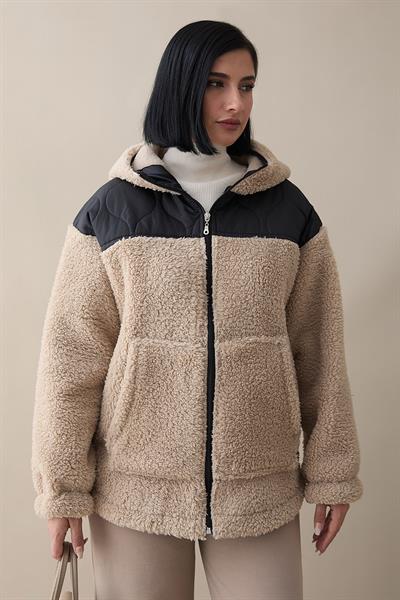 Kapitone Detay Bej Peluş Hırka