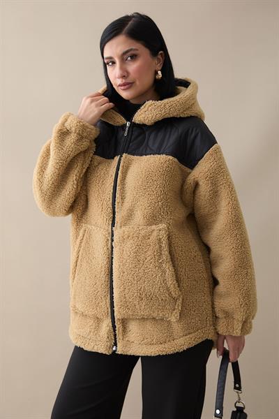 Kapitone Detay Camel Peluş Hırka