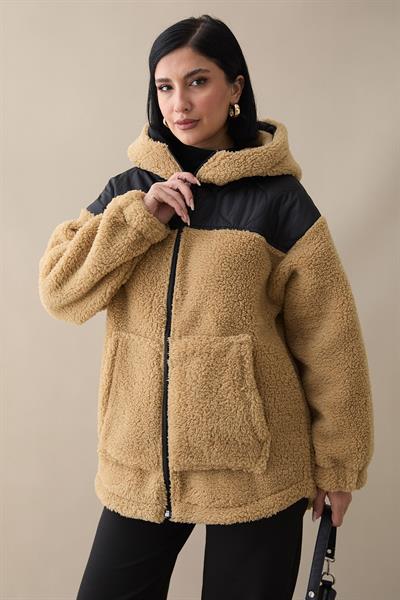 Kapitone Detay Camel Peluş Hırka