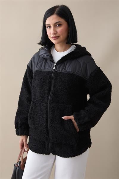 Kapitone Detay Siyah Peluş Hırka