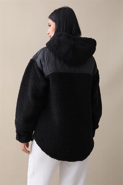 Kapitone Detay Siyah Peluş Hırka