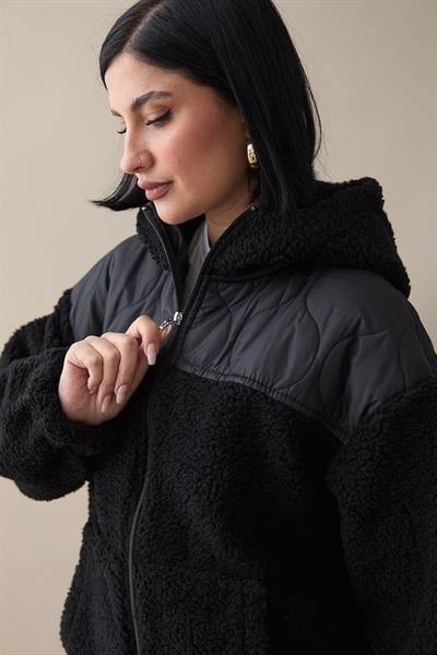 Kapitone Detay Siyah Peluş Hırka