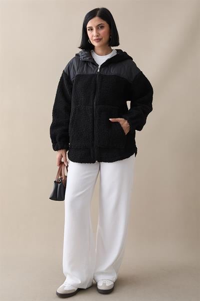 Kapitone Detay Siyah Peluş Hırka