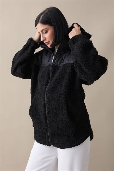 Kapitone Detay Siyah Peluş Hırka