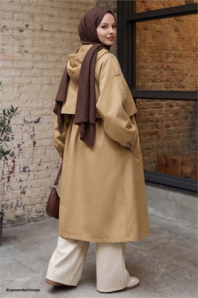 Kapüşonlu Astarlı Camel Parka Mont