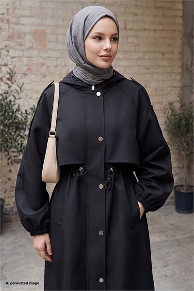 Kapüşonlu Astarlı Siyah Parka Mont
