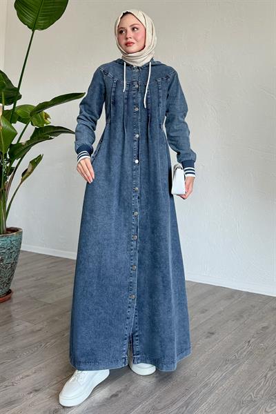 Kapüşonlu Beli Lastikli Mavi Kot Elbise