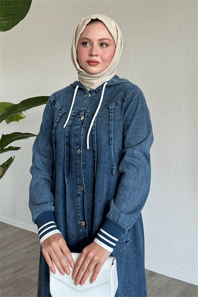 Kapüşonlu Beli Lastikli Mavi Kot Elbise