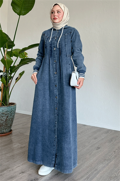 Kapüşonlu Beli Lastikli Mavi Kot Elbise