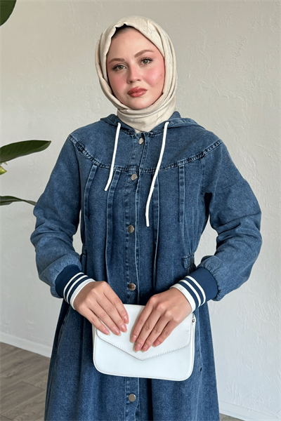 Kapüşonlu Beli Lastikli Mavi Kot Elbise