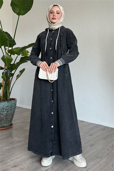 Kapüşonlu Beli Lastikli Siyah Kot Elbise