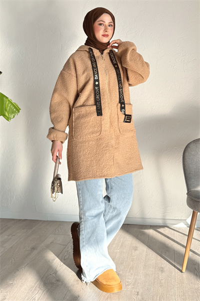 Kapüşonlu Buklet Kaşe Camel Kap