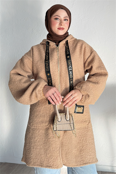 Kapüşonlu Buklet Kaşe Camel Kap