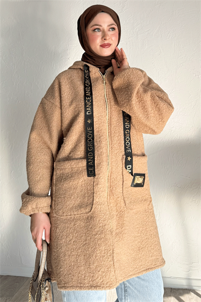 Kapüşonlu Buklet Kaşe Camel Kap