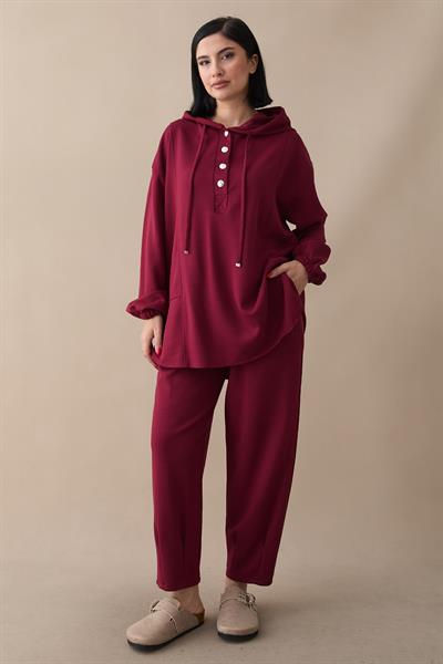 Kapüşonlu Düğmeli İkili Bordo Modal Takım